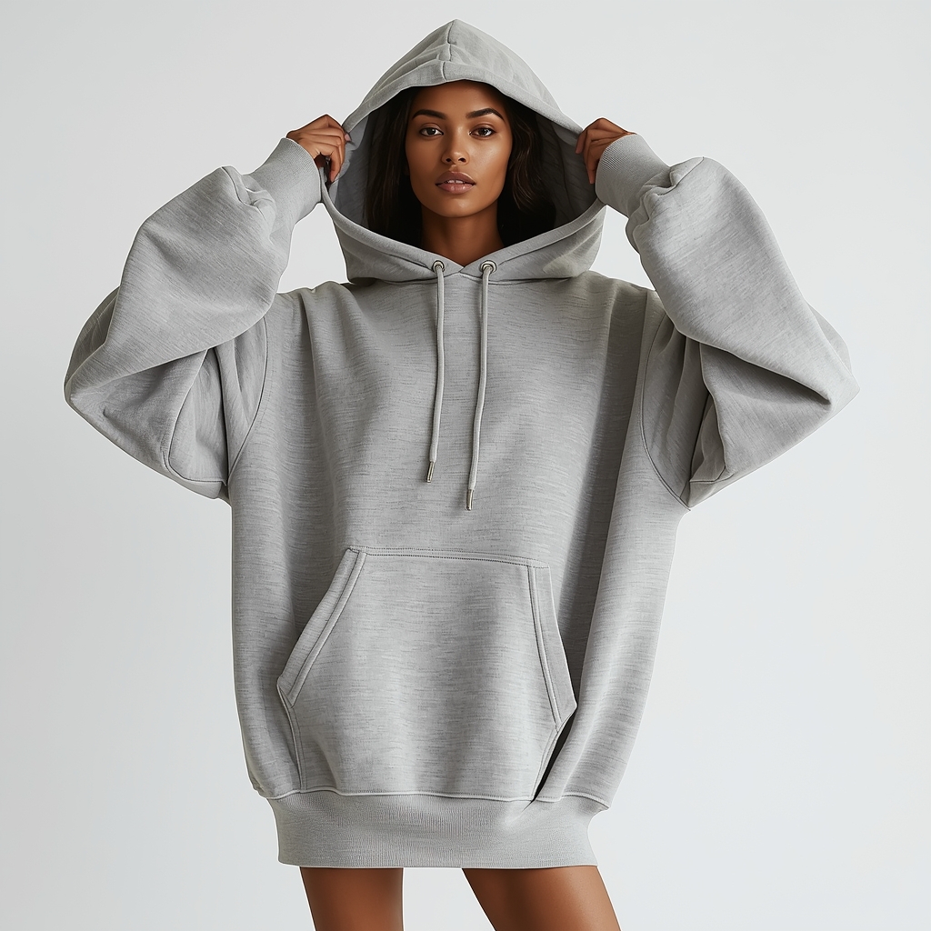 Model wearing oversize hoodie showing relaxed fit and drape